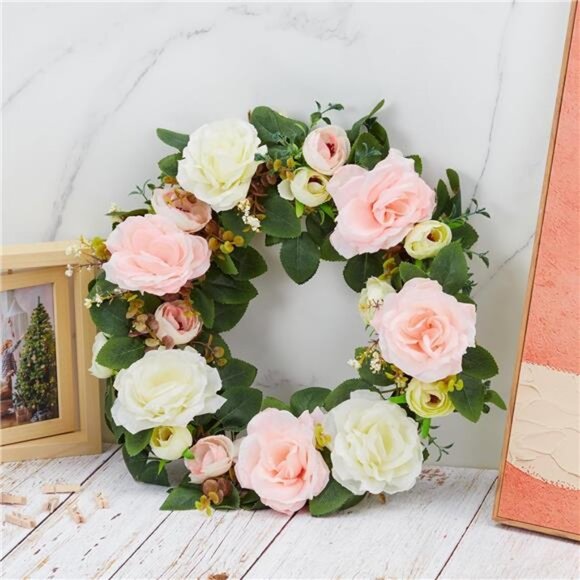Spring Wreaths for Front Door, 15.7" Artificial Rose Peony Flower Wreath Spring - Picture 2 of 7